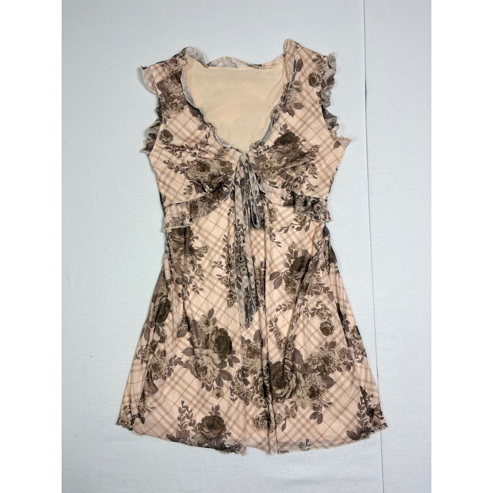 SHEIN Women Peach Floral Plaid Mesh Ruffle V-Neck Mini Dress Plus Size 0XL